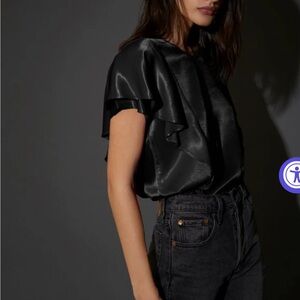 Nation Ltd Maeve Ruffle Tee — Black, Short Sleeve, Size S